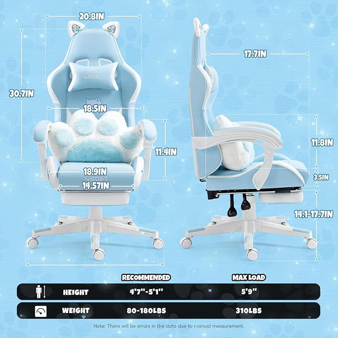 Cute Cat Ears Gaming Chair with Paw Lumbar Cushion High Back Computer Chair with Footrest 360° Swivel Height Adjustable Recliner Game Chair for Girls 300lbs (Blue)