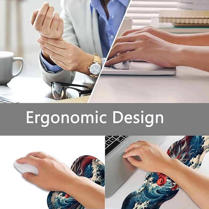 Large Gaming Mouse Pad + Keyboard Wrist Rest + Wrist Support + Coaster Set Memory Foam Ergonomic for Easy Typing XXL Extended Gaming Mouse Pad Table Pad - Sea Wave Red Dragon