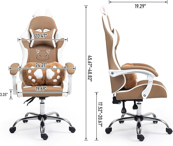 ALEAVIC Gaming Chair with Cat Paw Lumbar Cushion and Cat Ears Reclining PC Game Computer Chairs Ergonomic Gamer Chair for Kids Girls Teens (Brown)