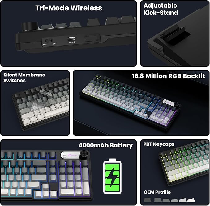 G98X Wireless Gaming Keyboard Tri-Mode 2.4GHz/USB-C/BT5.0 Silent Gaming Keyboard with Number Pad &amp Knob RGB Backlit Side Printed PBT Keycaps Computer Keyboards for PC Mac Laptop Gamer