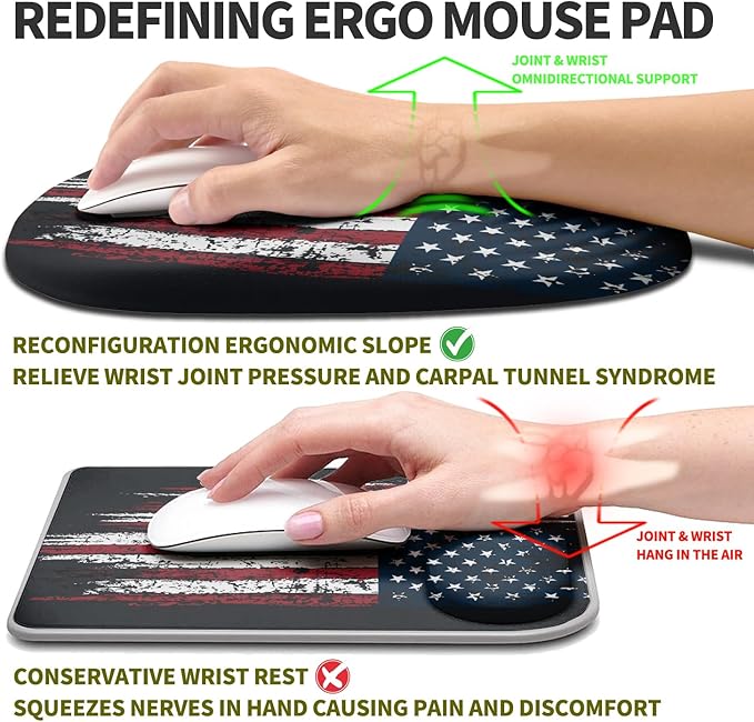 Hokafenle Ergonomic Mouse Pad Wrist Support Terraced Slope Carpal Tunnel Wrist Pad for Mouse with Unibody Memory Foam Wrist Rest Pain Relief Mousepad (US Flag 11.8x7.9 in)