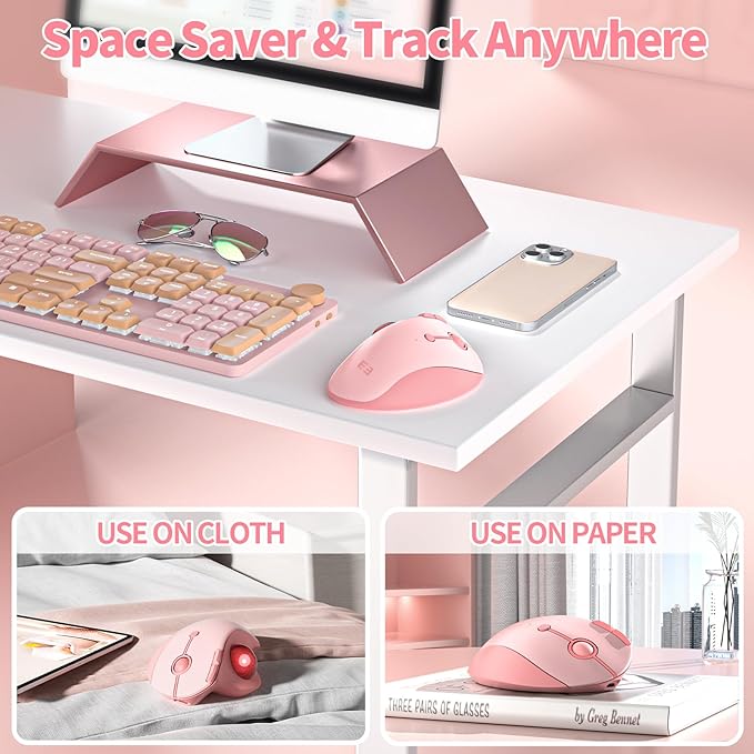 seenda Wireless Trackball Mouse Bluetooth - Ergonomic Rollerball Mouse Rechargeable 3 Device Connection Optical Mice Adjustable DPI Thumb Control Mice Compatible for Mac/Android/Windows - Pink