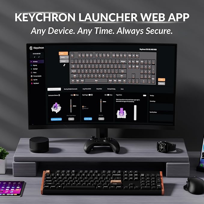 Keychron K10 HE Hall Effect Keyboard Wireless Magnetic Switch Hot Swappable Adjustable Actuation Rapid Trigger Mode with Aluminum + Wood Frame Full-Size Custom RGB for Mac Windows Linux - Black