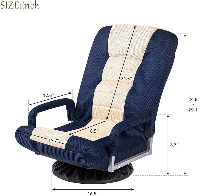 Living ChairSwivel Video Rocker Gaming Chair Adjustable 7-Position Floor Chair Folding Sofa Lounger Blue+Beige…