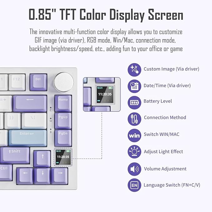 AJAZZ AK820 Pro 75% Gasket RGB Wireless Mechanical Keyboard with TFT Screen Volume knob Bluetooth/2.4G/Wired 3-Modes Compact 82 Hot-Swap Keys Tricolor PBT Keycap 4000 mAh (Purple&ampBlue 3-Modes