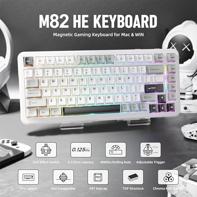 MAMBASNAKE M82 HE Mechanical Gaming Keyboard 75% Hall Effect Magnetic Switch Fast Trigger Mode Adjustable Actuation 8000Hz Polling Rate RGB Backlit Wired Keyboard for Laptop/PC Gamer-White