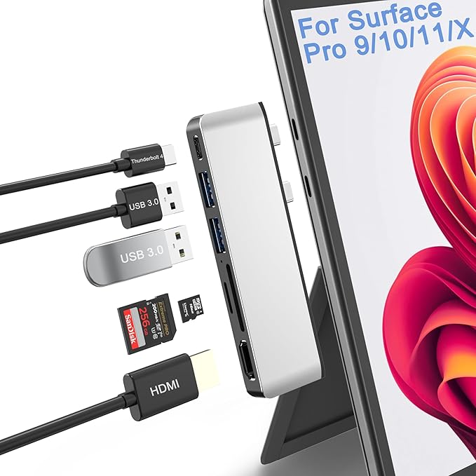 Surface Pro 9/10/11/X USB Hub Docking Station Surface pro 9 Accessories with 4K HDMI USB-C Thunerbolt 4 (Display+Data+100W Charging) 2 USB 3.0 SD/TF USB C Hub for Surface Pro 9/Pro10/Pro11/ProX