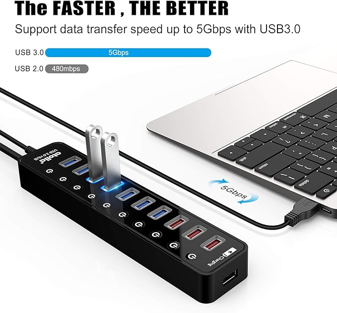 Powered USB 3.0 Hub USB 3.0 Data Hub 11 Ports - 7 USB 3.0 Data Ports + 4 Smart Charging Port with Individual On/Off Switches and 12V/4A Power Adapter USB Hub 3.0 Splitter