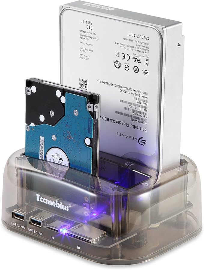 TCC-S865 USB 3.0 to SATA IDE Dual Slots External Transparent Hard Drive Docking Station with Card Reader and 2 Ports USB 3.0 Hub for 2.5 3.5 Inch IDE SATA I/II/III HDD SSD