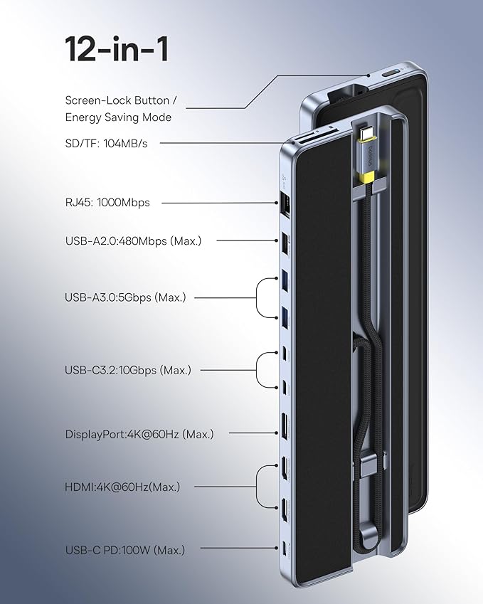 Baseus Laptop Docking Station Stand 12 in 1 Triple 4K Display HDMI/DP 10Gbps USB A/C Fast Data PD 100W Ethernet TF/SD USB C Docking Station with Stand for Windows/Dell/HP/Lenovo/Asus/Acer/Mac