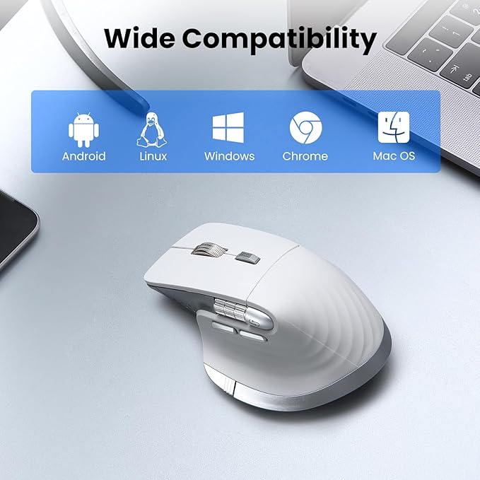 Wireless Bluetooth Mouse Ergonomic Rechargeable Silent Mouse with Multi-Device Adjustable DPI Flying Scroll &amp Thumb Wheel Bluetooth Mice for Laptop Computer Tablet Smartphone (White)