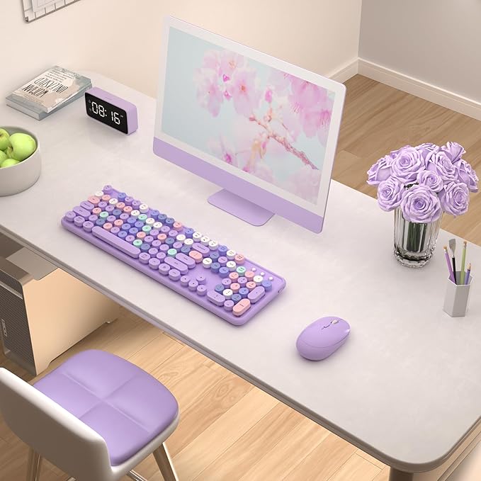 Colorful Wireless Keyboard and Mouse Combo COVEVA 2.4GHz Wireless Retro Cute Round Keycaps Keyboard 104 Keys Full-Sized Keyboard Mouse Set with Switch Button for PC Laptop Desktop (Purple Colorful)
