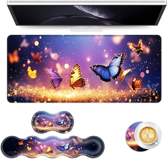 Keyboard Mouse Pad Set Extended Gaming Mouse Pad+Ergonomics Keyboard Wrist Rest Support Memory Foam Easy Typing Pain Relief 4Pcs XL Ultra Thick Desk MatMagical Butterflies