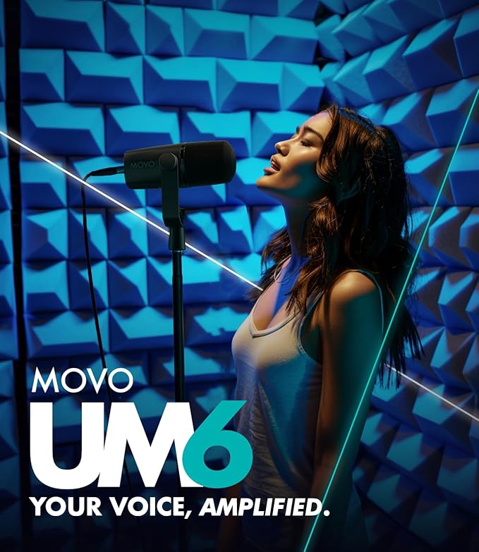 Movo UM6 Dynamic Podcast Microphone with Built-in GainCast Preamp - XLR and USB C Outputs - Studio Mic for Gaming Podcasting Streaming Vocals Computers and Content Creation