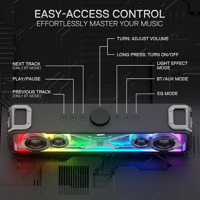 Redragon GS817 RGB Desktop Soundbar 2.0 Channel Stereo Speakers for Desktop w/Massive 30W Max Power Touch-Control Bluetooth 5.3 &amp 3.5mm AUX Inputs Black