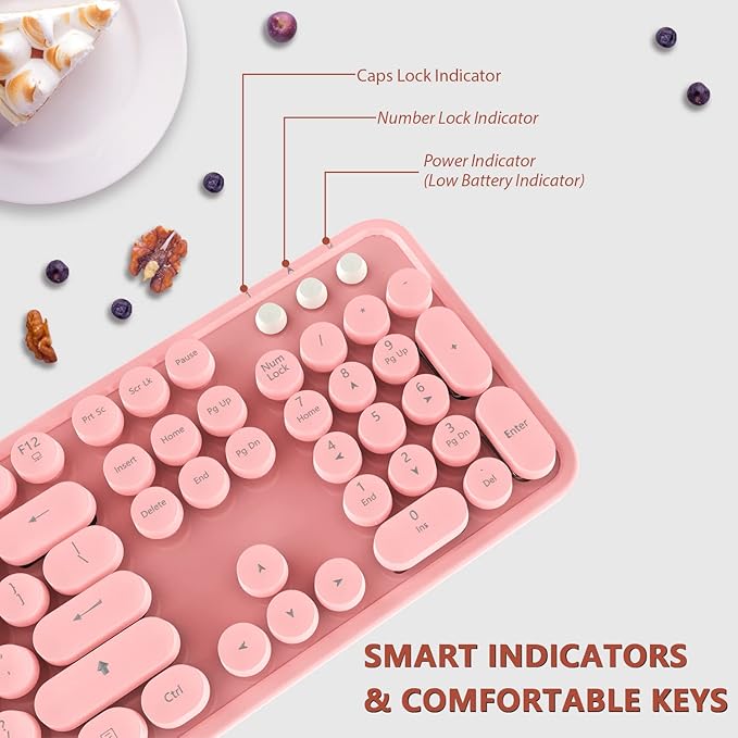 Kootop Wireless Keyboard Cute Colorful 104 Keys Typewriter Retro Round Keycaps Keyboard for PC LaptopDesktopWindows Home and Office Keyboards (Pink)