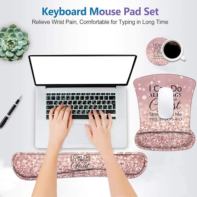 Keyboard Wrist Rest and Mouse Wrist Rest Pad Set with Coasters Ergonomic Support Non-Slip PU Base Easy Typing and Relieve Wrist Pain for Home Office Working Studying Bible Verse Philippians 4:13