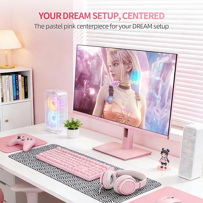 27 Inch Pastel Pink Gaming Monitor QHD 2560x1440 180/200Hz 1ms GTG Fast IPS Computer Monitor 90% DCI-P3 Adaptive Sync Built in Speaker Height/Swivel/Tilt/Pivot Adjustable Stand HDMIDP