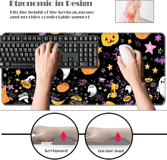 Ergonomic Keyboard Wrist Rest &amp Mouse Pad Wrist Rest SetXL Gaming Desk Mat 31.5x 11.8Non-Slip BaseMemory FoamEasy Typing Pain Relief for Office &amp HomeCute Ghost Pumpkin