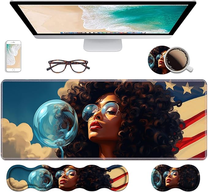 Ergonomic Keyboard Wrist Rest &amp Mouse Pad Wrist Rest Set Large XXL Gaming Desk Mat 31.5x 11.8 with Non-Slip Base Memory Foam Easy Typing Pain Relief for Home &amp Office African American Gi