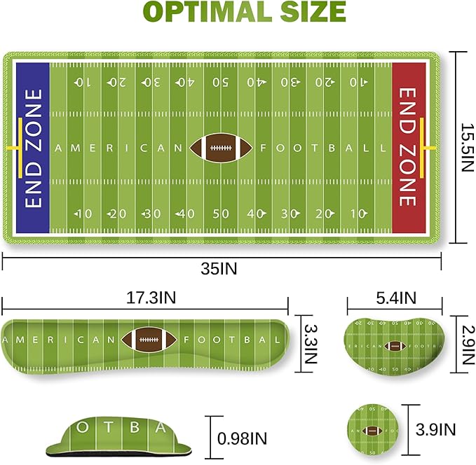 ARTSO Green Desk Mat Set Extended Gaming Mouse Pad with Wrist Rest Support +Keyboard Wrist Rest +Coaster Large Cute Mousepad American Football Field
