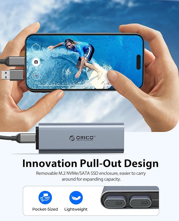 ORICO 10 in 1 USB-C Docking Station with Dual M.2 NVMe/SATA SSD Enclosure 10Gbps USB-C&ampUSB-A Dual HDMI 4K@60Hz 60W PD RJ45 Ethernet for MacBook Pro/Air (PTM2)