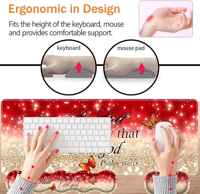 Large XXL Gaming Desk Mat 31.5x 11.8 Ergonomic Keyboard Wrist Rest &amp Mouse Pad Wrist Rest + Coaster Set Non-Slip Base Memory Foam Office and Home Christian Psalm 46:10