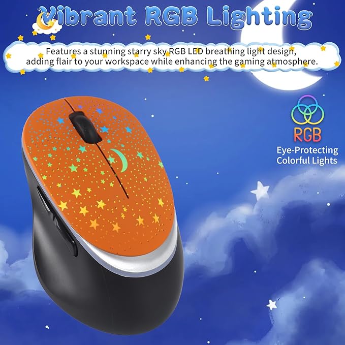 elec Space Bluetooth Wireless Mouse with Starry Sky RGB Backlight - Ergonomic Dual Mode Rechargeable Mouse Type-C Charging - Perfect for Office Gaming &amp Travel (Orange)