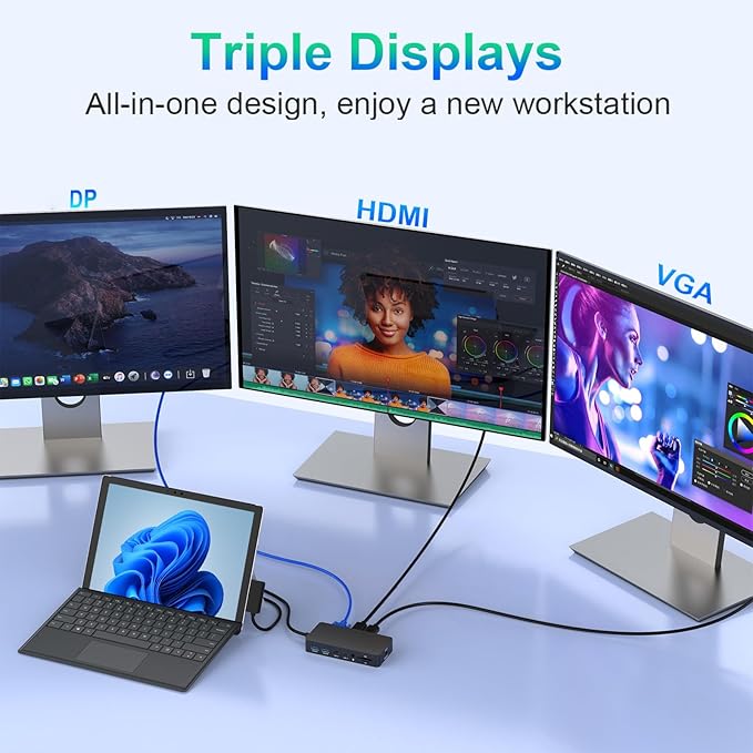 Surface Thunderbolt 4 Dock Triple Displays 11 in 1 Surface USB4 Dock Docking Station with 4K HDMI+DP+VGA for Surface Pro 12/11/10/9/8/X/7+/7 Laptop 7/6/5/4/3 Laptop Studio 2/1 Go 4/3/2/1