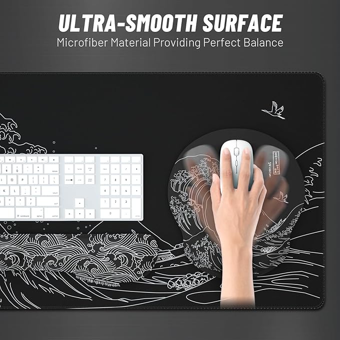 Ovenbird Mouse Pad Set 4-in-1 | Large Gaming Mousepad Keyboard Wrist Rest Mouse Wrist Support Coaster | Ergonomic Office Desk Mat Accessories for Women Men | 4PCS 35.4 x 15.7in Great Wave Black
