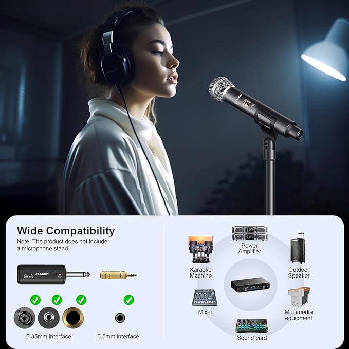 Aokeo Wireless Microphone Only for Mic Input UHF Metal Dynamic Handheld Multipurpose Mic with Rechargeable Receiver (Work 4hs) 160ft Range for Karaoke Machine Amplifier Speaker Mixer