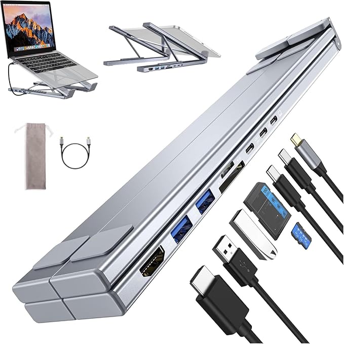 8-in-1 USB C Laptop Docking Station Stand USB C Dock Tablet Stand with 4k HDMI 2 USB 3.0 Pd 100w Universal Dock Station for Offices Desks Cafes Plug and Play (1Pcs)