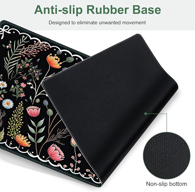 Flower Desk Mat 4in1 Large Mouse Pad with Wrist Rest Desk Matt for Desktop Desk Pad Mat Anti-Slip XXL Computer Ergonomic Mousepad with Wrist Support for Keyboard and Mouse I Black Florals Weeds