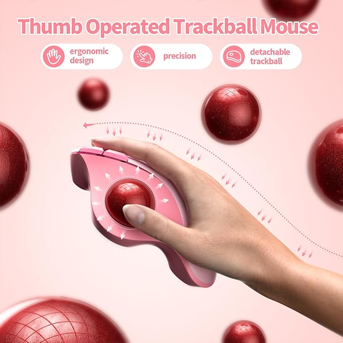 seenda Wireless Trackball Mouse Bluetooth - Ergonomic Rollerball Mouse Rechargeable 3 Device Connection Optical Mice Adjustable DPI Thumb Control Mice Compatible for Mac/Android/Windows - Pink