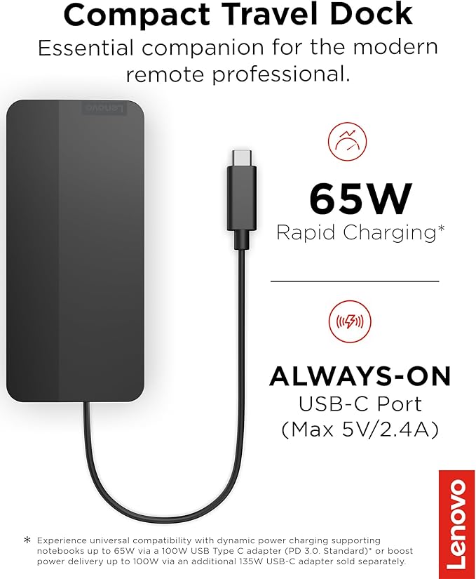 Lenovo USB-C Dual Display Travel Dock - 7 Ports Integrated USB-C Cable Universal Compatibility Dual Displays at 4K - Black