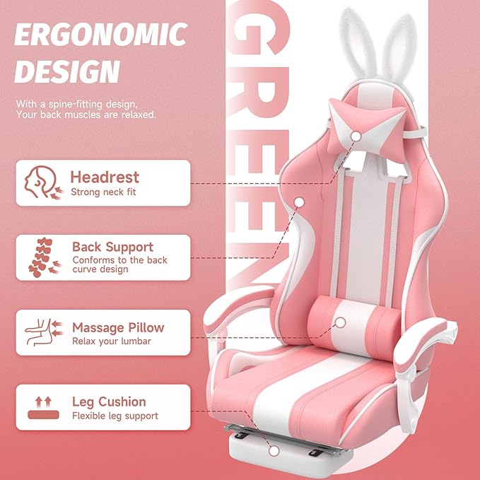 Ferghana Kawaii Pink Gaming Chair with Bunny Ears Ergonomic Cute Gamer Chair with Footrest and Massage Racing Reclining Home Computer Game Chair for Girls Adults Teens Kids