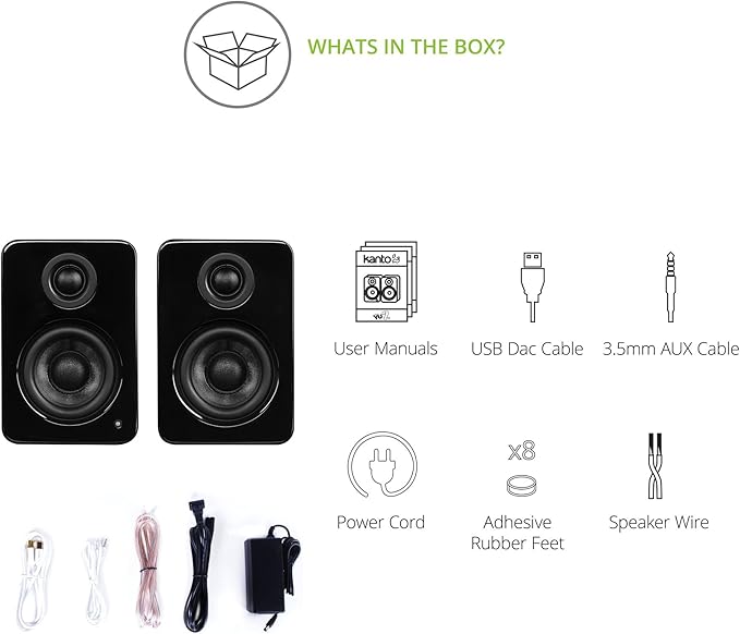 Kanto YU2GB PC Gaming Desktop Speakers | 3 Composite Drivers | 3/4 Silk Dome Tweeter | Class D Amplifier | 100 Watts | Built-in USB DAC | Subwoofer Output | Pair | Gloss Black