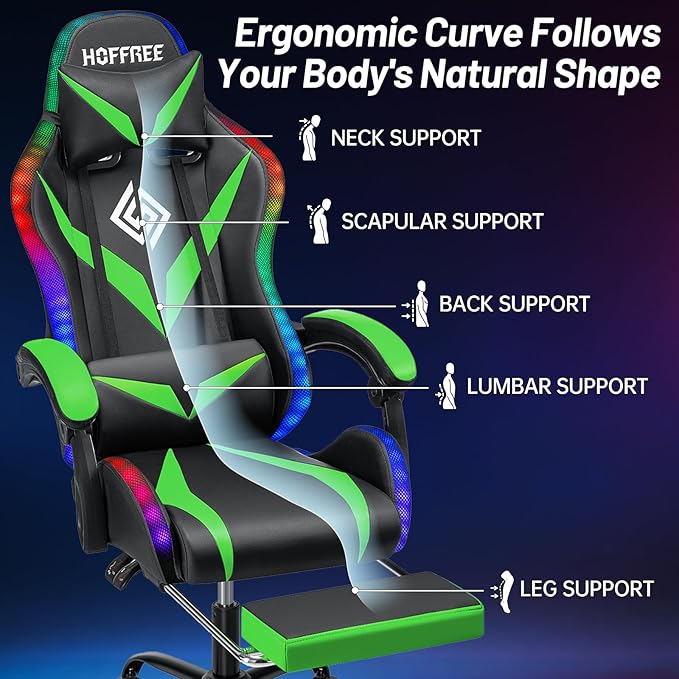 HOFFREE Gaming Chair with Bluetooth Speakers and Led Lights Massage Computer Gamer Chair with Footrest Ergonomic Video Game Chair for Adults Green and Black