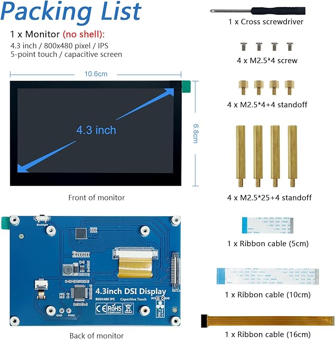 FREENOVE 4.3 Inch Touchscreen Monitor for Raspberry Pi 5 4 B 3 B+ A+ 800x480 Pixel IPS Display 5-Point Touch Capacitive Screen Driver-Free MIPI DSI Port