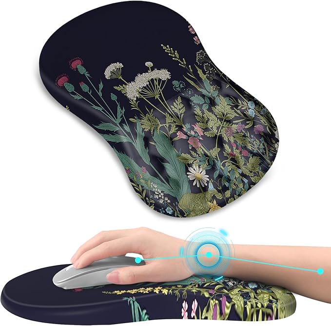 AIMSA Upgraded Wrist Rest Support Mouse Pad Ergonomic Mousepad Massage Memory Foam Design Pain Relief Comfortable Wrist Cushion Mat Non-Slip PU Base for Home Office Flowers Plants