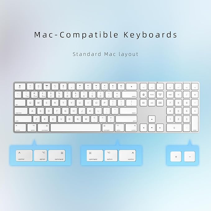 Bluetooth Slim Keyboard for Mac Aluminum Rechargeable Keyboard Wireless Low-Profile Silent Flat Key Compatible with Apple iMac MacBook Mac and iOS Full Size - Silver White