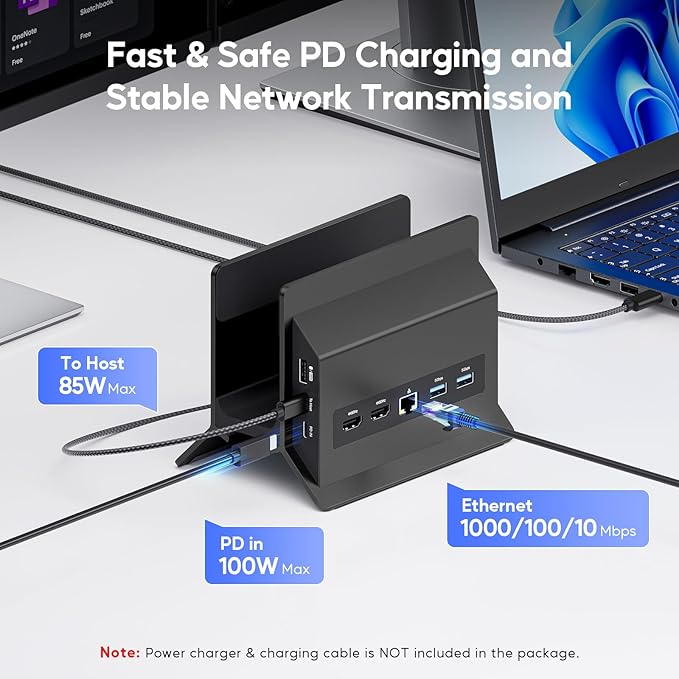 USB C Laptop Docking Station Dual Monitor 11 in 1 Vertical Dock with 2 HDMI 4K 3 USB A/C 10Gbps 2USB-A 5Gbps USB A 2.0 Ethernet Docking Station Stand for Type-C Laptops - Black