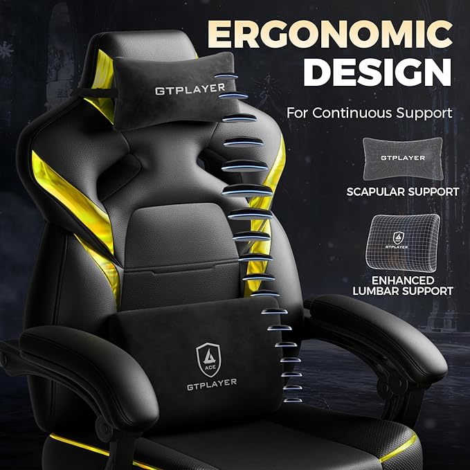 GTPLAYER Big and Tall Gaming Chair for Adults Ergonomic Office Chair with Footrest Heavy Duty 350 lbs Capacity High Back Premium Leather &amp Iridescent Trim ACE-Armor Yellow (Iridescent)