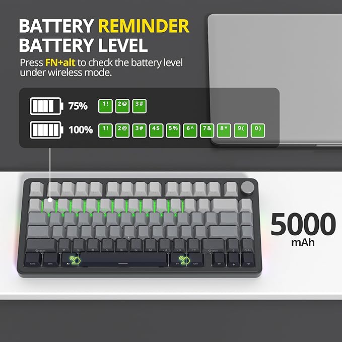 surmen M75 Wireless Mechanical Keyboard75% Gasket Mounted Gaming Keyboard Pre-lubed Stabilizer with Knob RGB Backlight Hot-Swappable for Mac/Win(MoonNight)