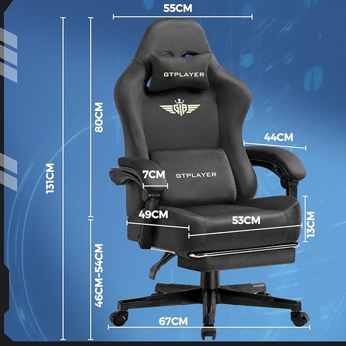 GTPLAYER Gaming Chair Fabric with Pocket Spring Cushion Big and Tall Gamings Chairs 350LBS High Back Computer Chair with Footrest for Adults Lumbar Support Swivel Game Chair for Office Gaming Gray