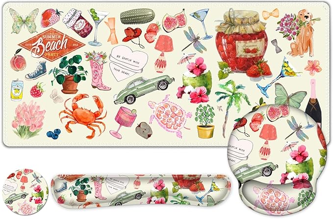 Mouse Pad 4 in1 Large Desk Mat Desk Pad Matt for Desktop Anti-Slip XXL Big Computer Ergonomic Mousepad with Wrist Support for Keyboard and Mouse for Women I Watercolor Stickers