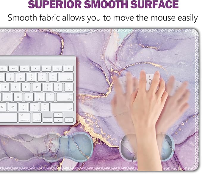 Upgraded Extended Gaming Mouse Pad Keyboard Wrist Rest Pad Wrist Support Mousepad Set Artso Large Stable Rubber Base Stitched Edges Multifunctional Desk Pad (35 x15.5 in) Purple Blue Marble
