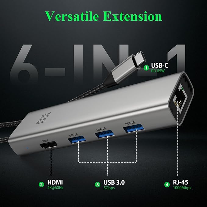 Minthouz 6-in-1 USB C Hub 4K@60Hz HDMI 100W PD Charging 5Gbps USB-C/A Ports 1000Mbps Ethernet Compatible with MacBook Neo M1/M2/M3 Surface HP Lenovo Laptops