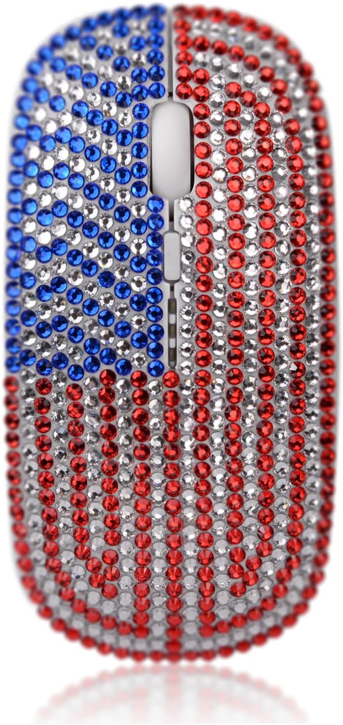 WONGS American Flag Bling Luxury Crystal Rhinestone Rechargeable 2.4G Wireless Mouse for Laptop Computer Cute USA Star Stripes Mouse for Girls - Flag White