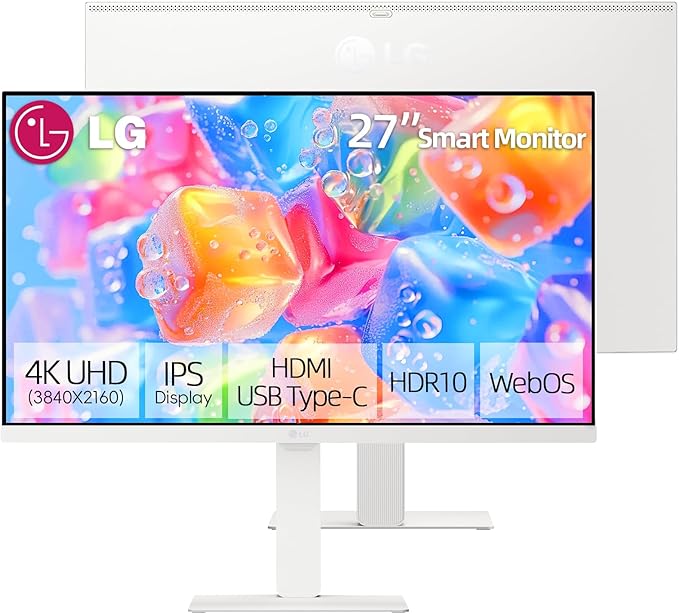 LG 27-Inch Smart Monitor 4K UHD (3840 x 2160) IPS Display HDR10 Built-in Speaker Screen Share Remote Control WebOS HDMI USB Type-C PD 65W AirPlay 2 Bluetooth Tilt/Height/Swivel/Pivot Stand